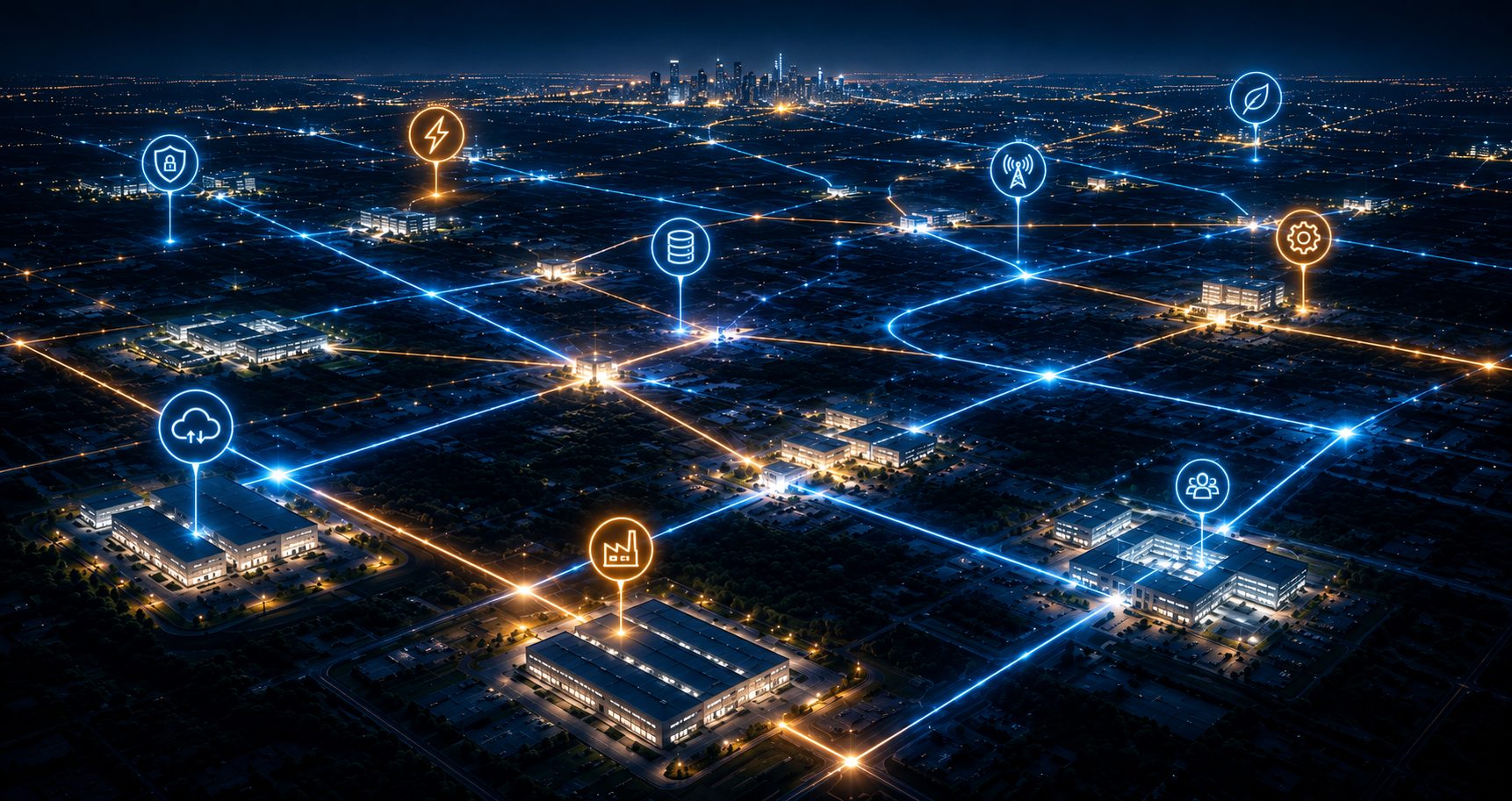 Aerial network of connected sites at night