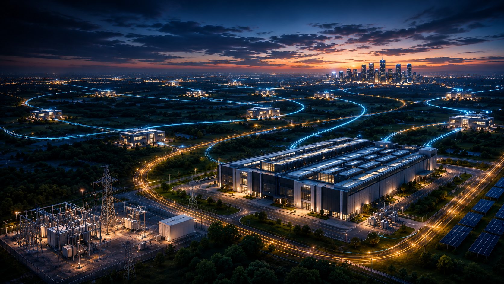 Modular data center campus connected by glowing power and fiber routes at dusk