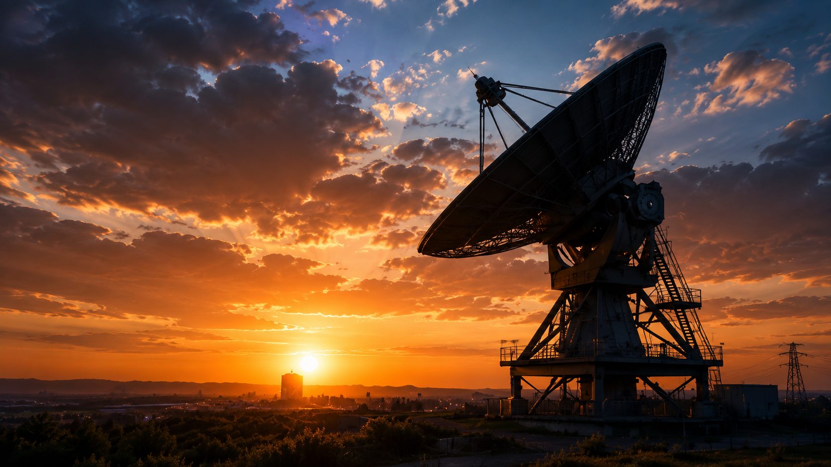 Satellite communications array at sunset