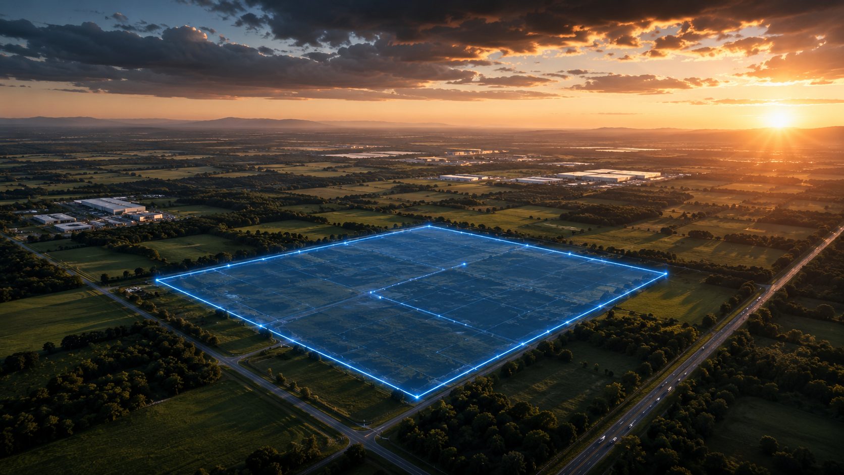 Aerial view of a vetted land parcel outlined for development