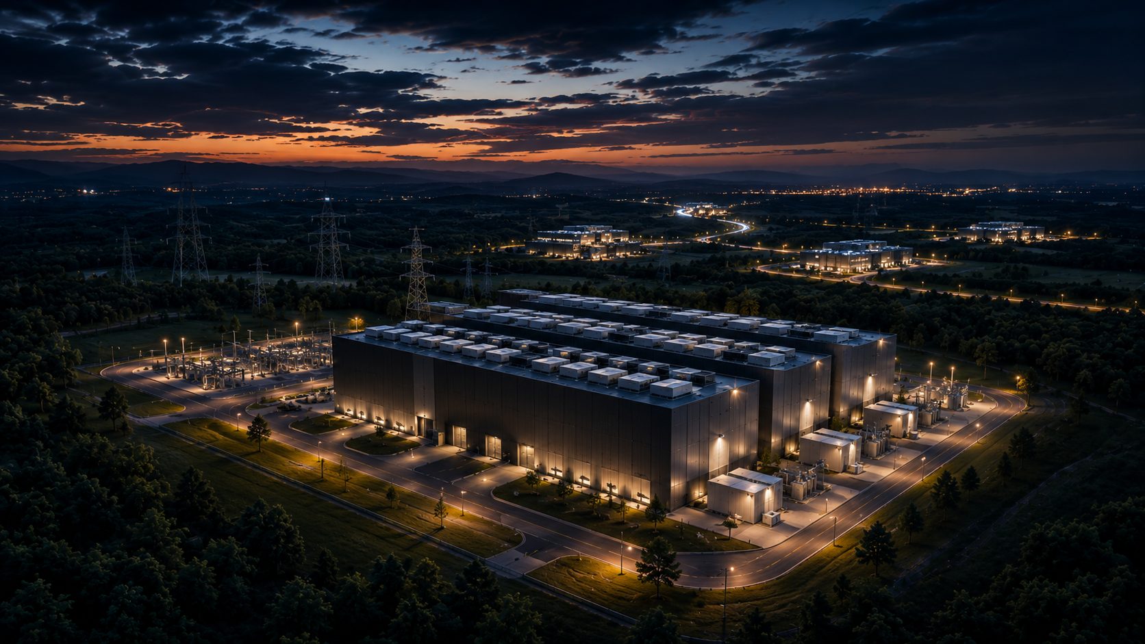 Modular data center campus at dusk