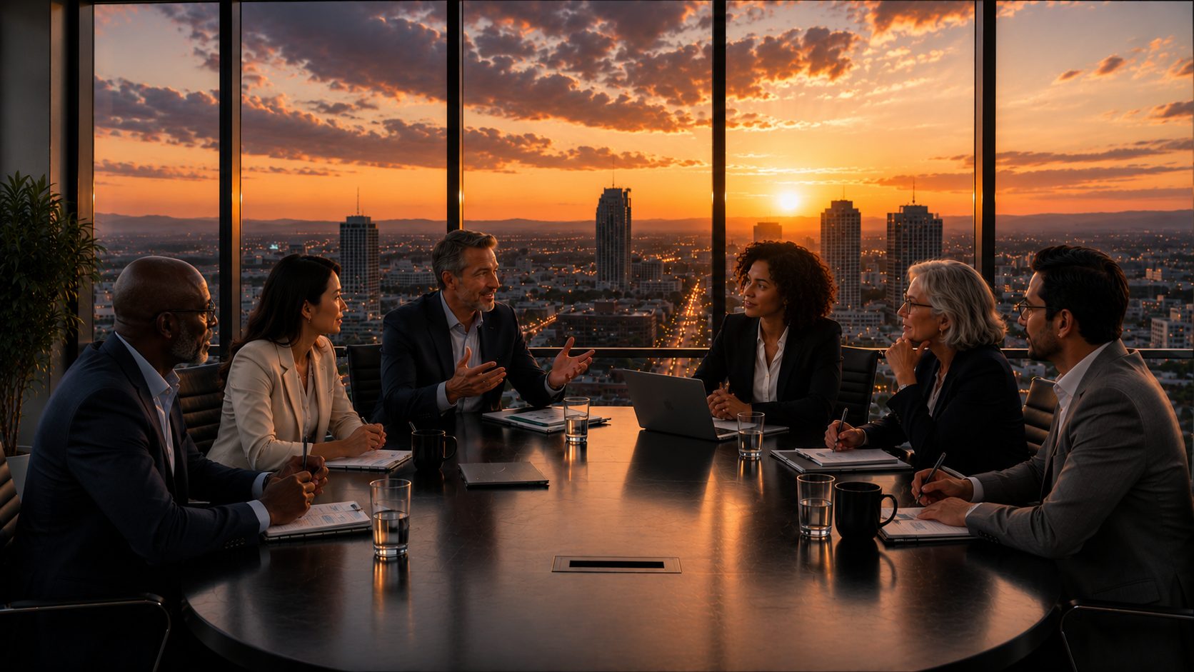 Leadership team meeting at sunset overlooking the city