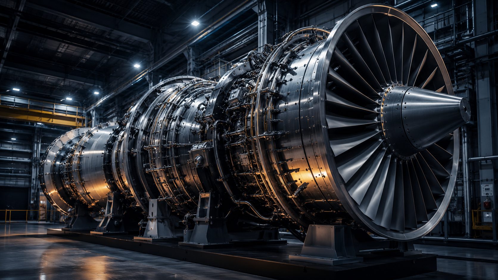 Industrial gas turbine in a factory hall